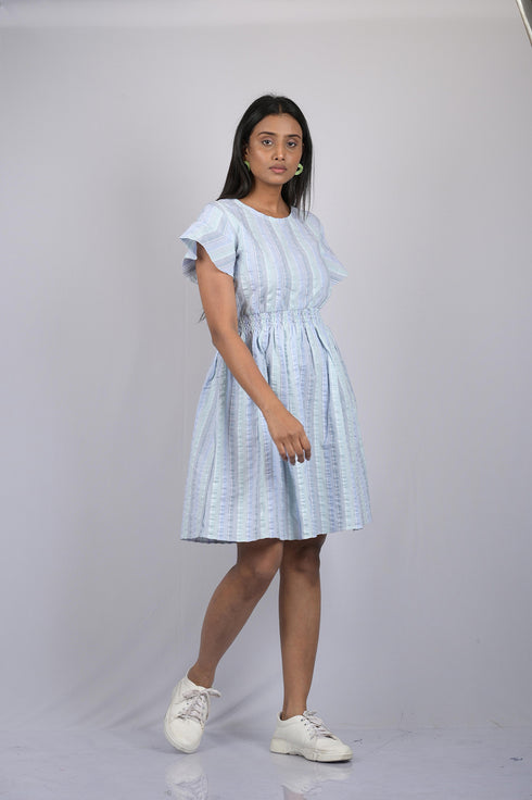 OWO THE LABEL Dress For Women Striped Dress Knee Length Flare Sleeves (OTL-DRS1043)