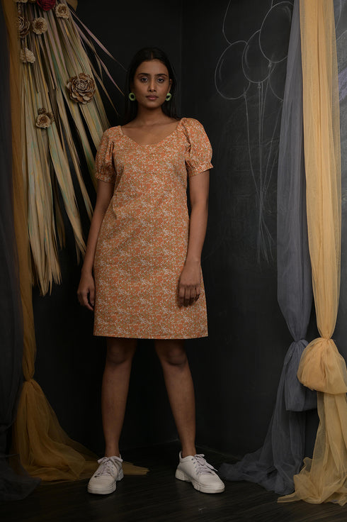 OWO THE LABEL Floral Print Puff Sleeves Knee Length Dress (OTL-DRS1037)