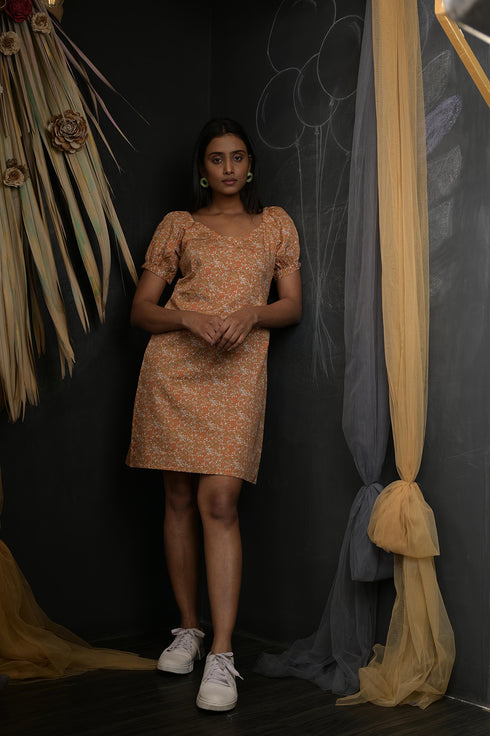 OWO THE LABEL Floral Print Puff Sleeves Knee Length Dress (OTL-DRS1037)