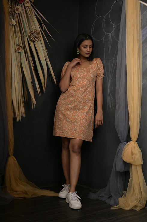 OWO THE LABEL Floral Print Puff Sleeves Knee Length Dress (OTL-DRS1037)