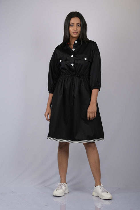 OWO THE LABEL Women Dress half sleeve Black Waist Tie Pattern Dress (OTL-DRS1047)