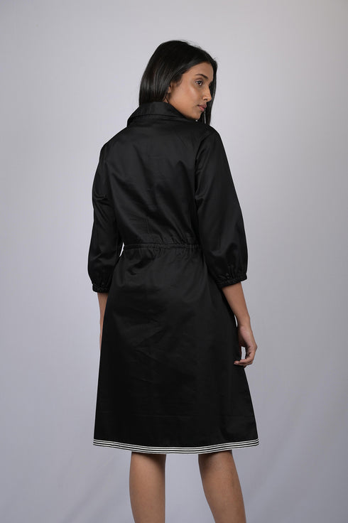 OWO THE LABEL Women Dress half sleeve Black Waist Tie Pattern Dress (OTL-DRS1047)