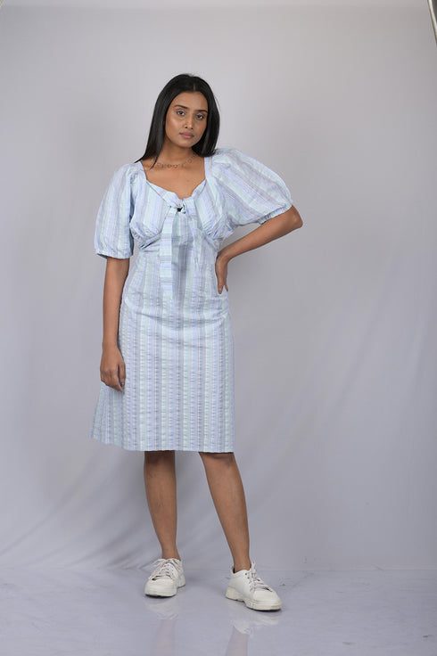 OWO THE LABEL Half Sleeve Dress for women western outfits Front Knot Puff Sleeves Dress (OTL-DRS1048)