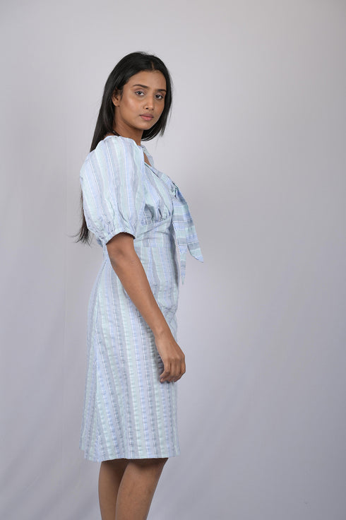 OWO THE LABEL Half Sleeve Dress for women western outfits Front Knot Puff Sleeves Dress (OTL-DRS1048)