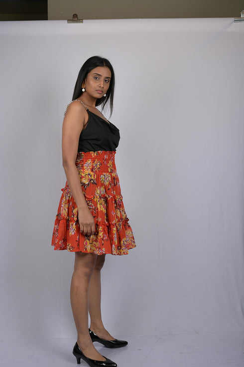 Orange Floral Print Knee Length Skirt (OTLKT1003)