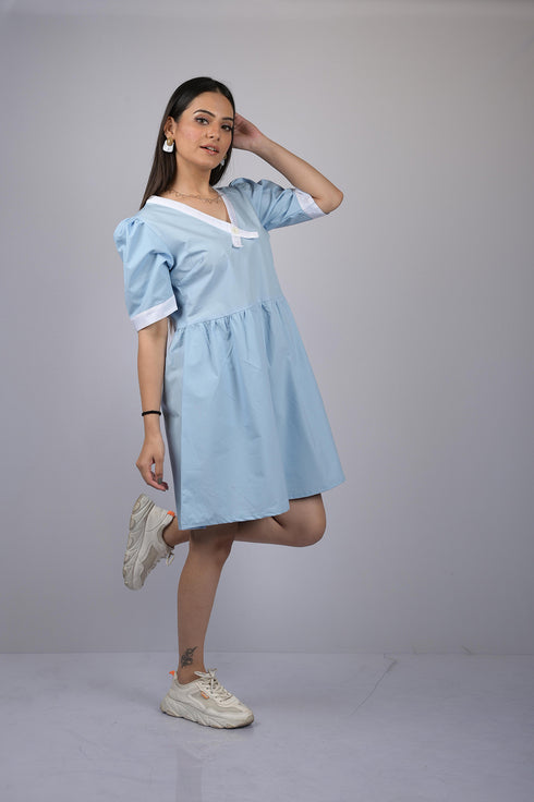 OWO THE LABEL Cotton Dress For Women Sky Blue Frock Style Knee Length Dress (OTL-DRS1057)