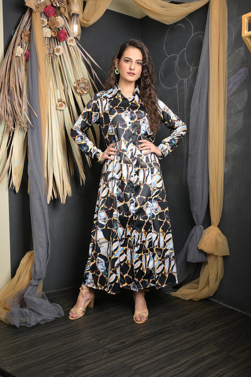 OWO THE LABEL Women Dress Polyester Satin Long Dress With Digital Print (OTL-DRS1069)