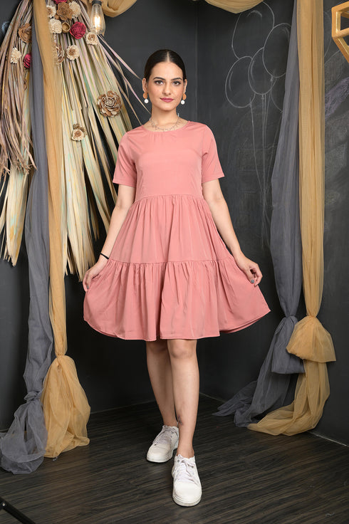 OWO THE LABEL Women Dress party Wear Dusky Pink Knee Length Tiered Dress (OTL-DRS1084)
