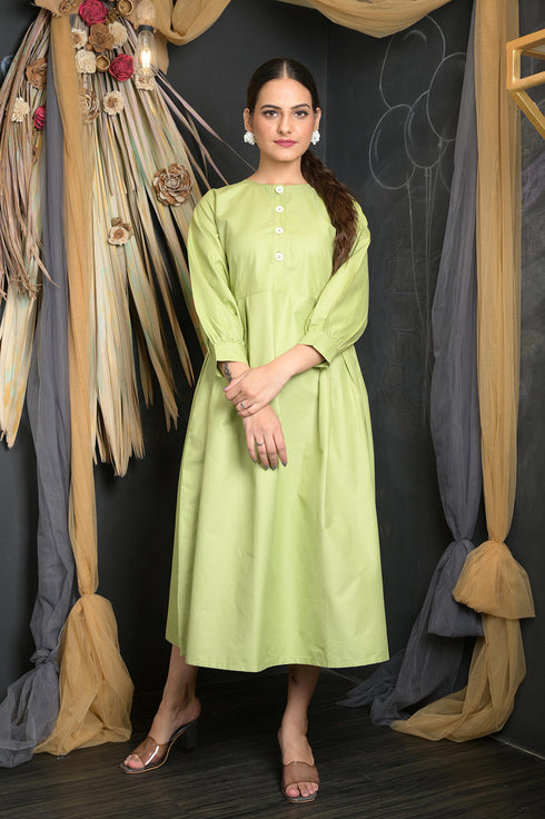 OWO THE LABEL Full Sleeve Women Dress Light Green Front Button Pattern Long Dress (OTL-DRS1088)
