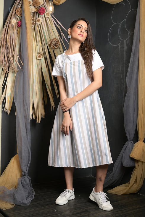 OWO THE LABEL Stripe Print Women Dress Dungaree Style Striped Dress (OTL-DRS1090)