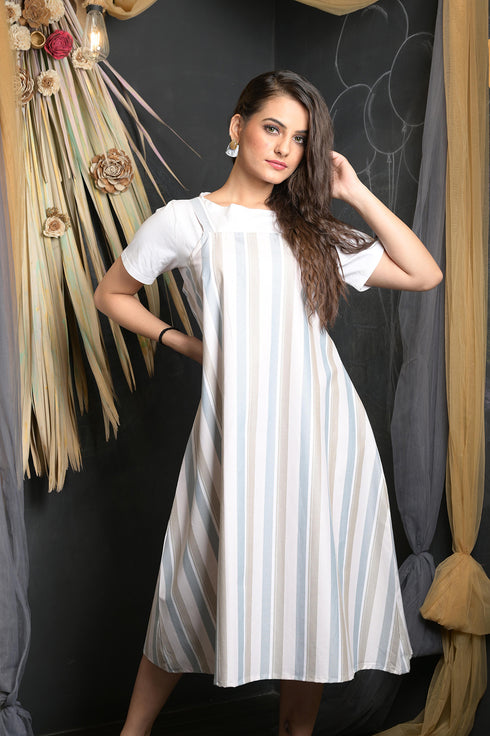 OWO THE LABEL Stripe Print Women Dress Dungaree Style Striped Dress (OTL-DRS1090)