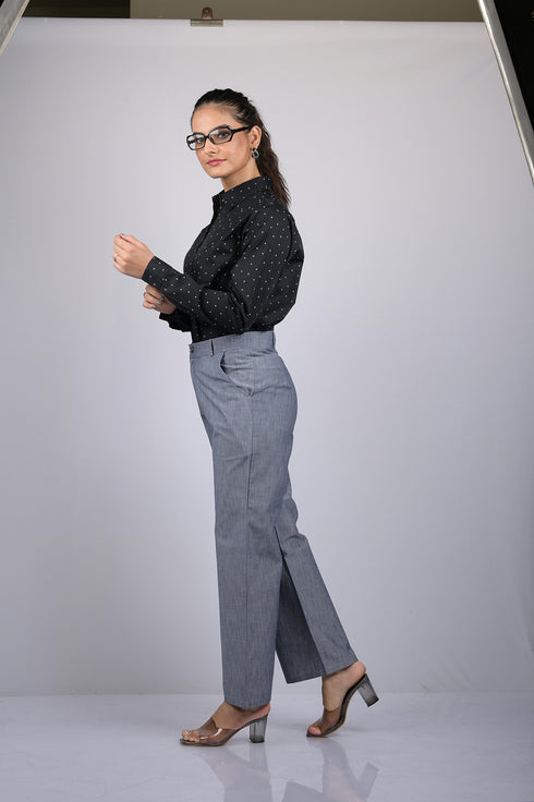 Denim for women party wear stylish pants for womens Light Grey Wide Bottom Denim Silk Pant (OTL-PNT-1005)