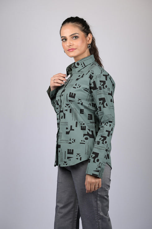 Printed shirt for women for party wear stylish Trendy Alphabetical Print Long Sleeves Shirt (OTL-SHRT-1003)