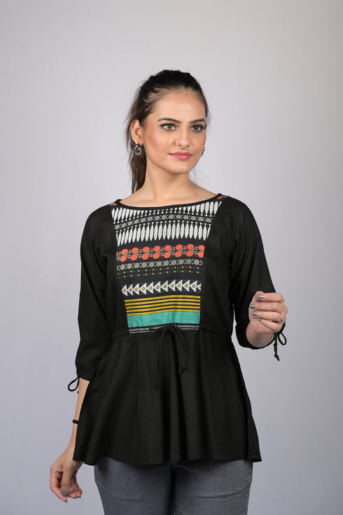 cotton top for women party wear and stylish and trending tops Black Front Patch Work Tunic Style Top (OTL-TPS1097)