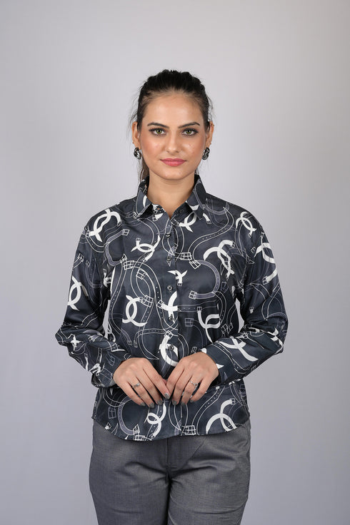 OWO THE LABEL Printed shirt for women western wear stylish shirt for women party wear and daily user Black Digital Print Long Sleeves Shirt (OTL-SHRT-1004)