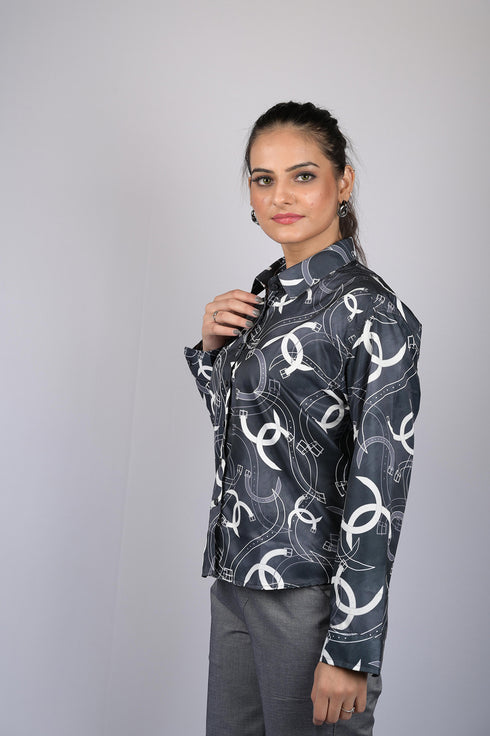 OWO THE LABEL Printed shirt for women western wear stylish shirt for women party wear and daily user Black Digital Print Long Sleeves Shirt (OTL-SHRT-1004)