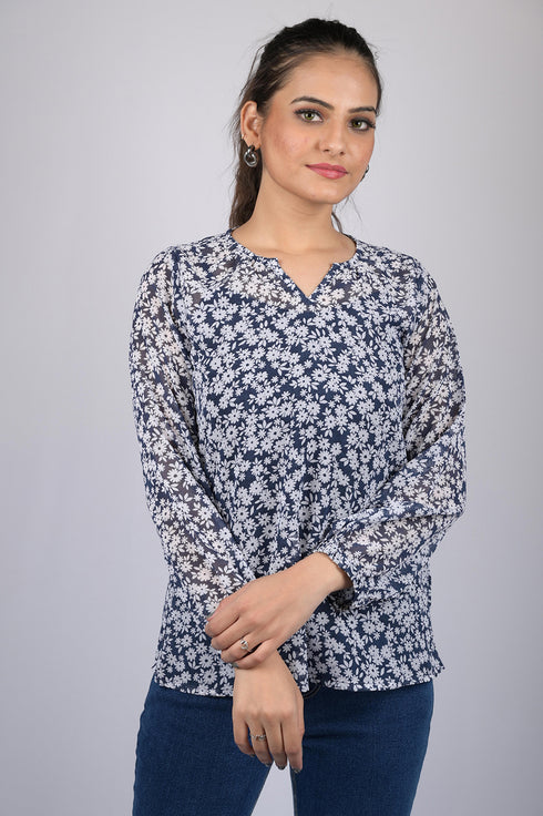 Flower printed top for women western top stylish top for women party with full sleeve Blue White Floral Print Top (OTL-TPS10101)