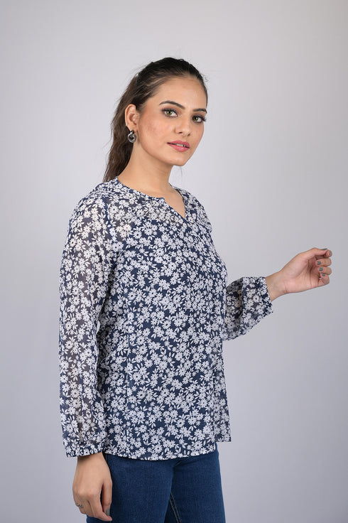 Flower printed top for women western top stylish top for women party with full sleeve Blue White Floral Print Top (OTL-TPS10101)