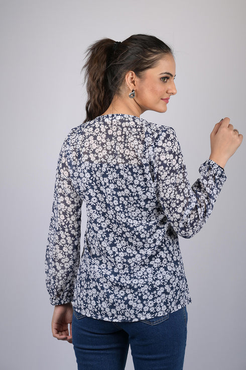Flower printed top for women western top stylish top for women party with full sleeve Blue White Floral Print Top (OTL-TPS10101)