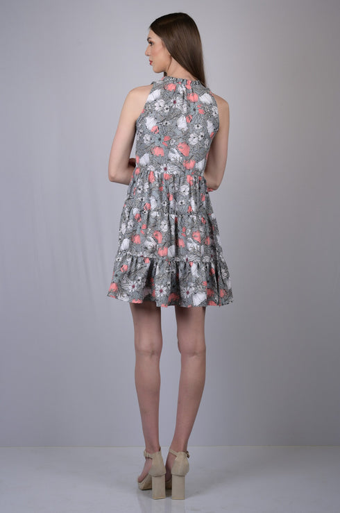 Grey Floral Print Fit and Flare Dress (OTL-DRS1001)