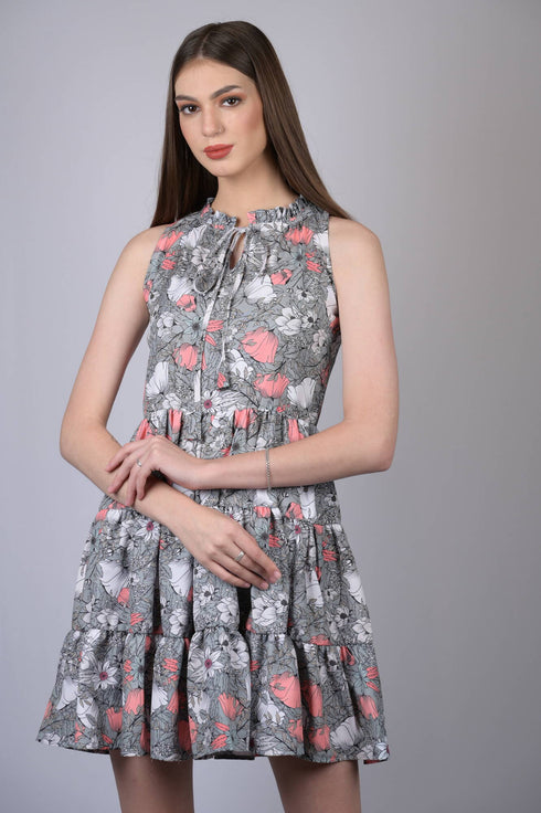 Grey Floral Print Fit and Flare Dress (OTL-DRS1001)
