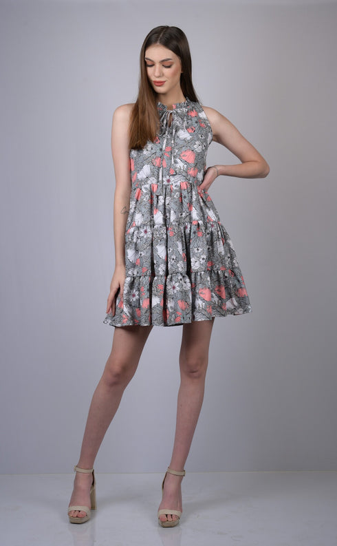Grey Floral Print Fit and Flare Dress (OTL-DRS1001)