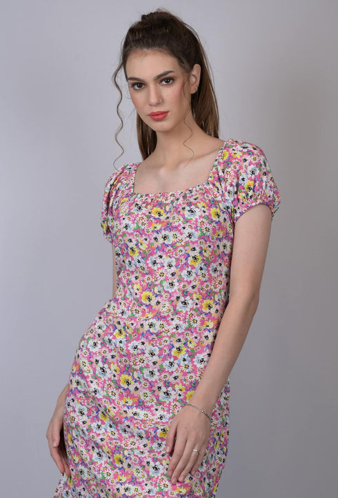 OWO THE LABEL Multicolored Flower Print Dress (OTL-DRS1011)