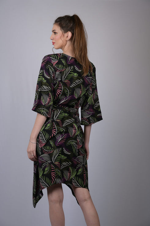 Women Black Leaf Print Drop-Waist Dress (OTL-DRS1012)