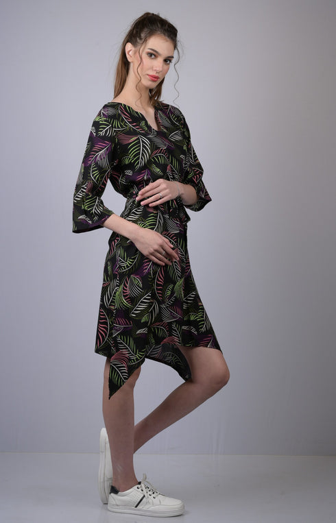 Women Black Leaf Print Drop-Waist Dress (OTL-DRS1012)