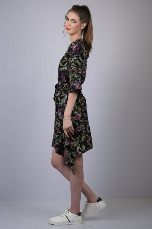 Women Black Leaf Print Drop-Waist Dress (OTL-DRS1012)
