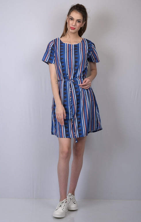 OWO THE LABEL Women Blue Striped A-Line Dress (OTL-DRS1022)