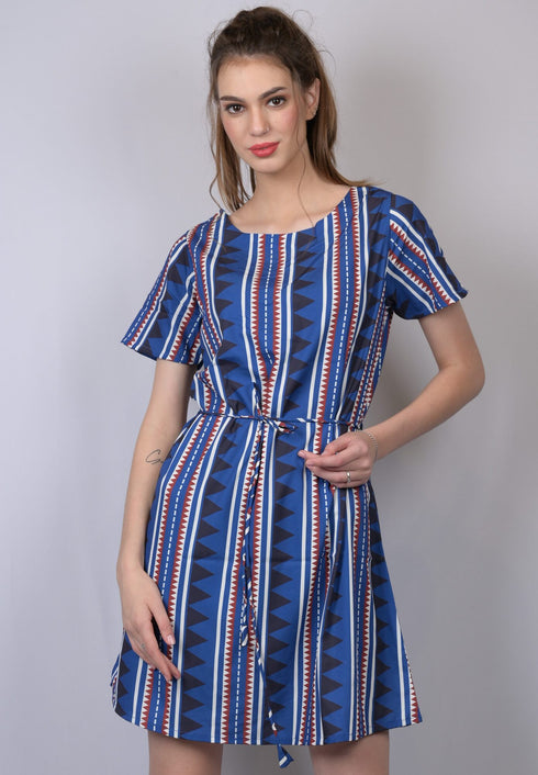 OWO THE LABEL Women Blue Striped A-Line Dress (OTL-DRS1022)