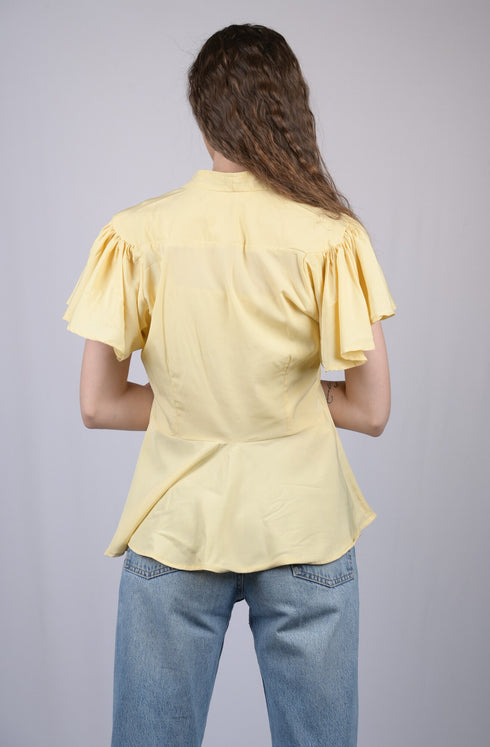 Yellow Embellished V-Neck Flutter Sleeves Peplum Top (OTL-TPS1004)