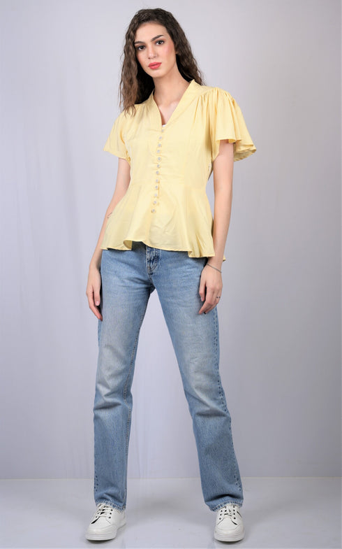 Yellow Embellished V-Neck Flutter Sleeves Peplum Top (OTL-TPS1004)