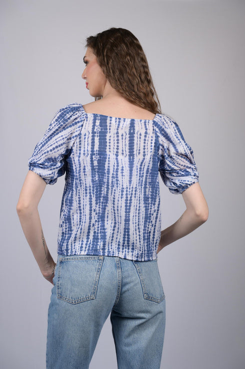 Blue Multicolor Floral Print V-Neck Puff Sleeve Top (OTL-TPS1005)