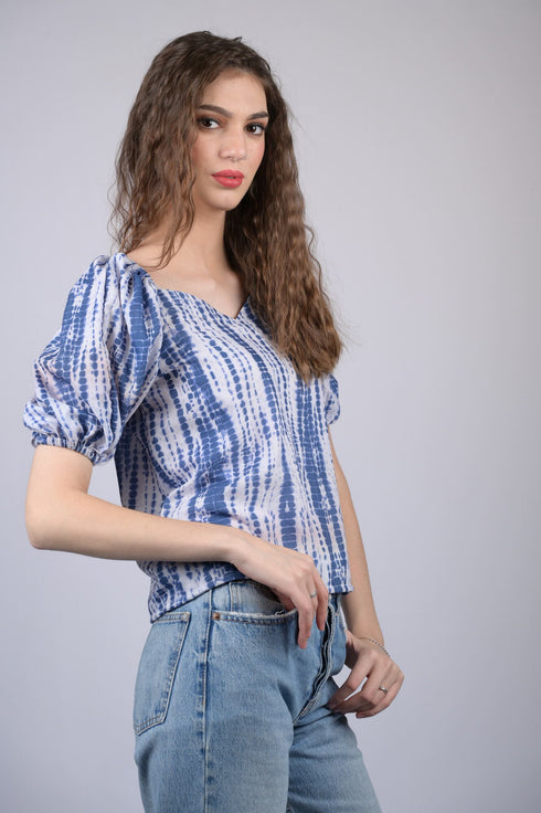 Blue Multicolor Floral Print V-Neck Puff Sleeve Top (OTL-TPS1005)