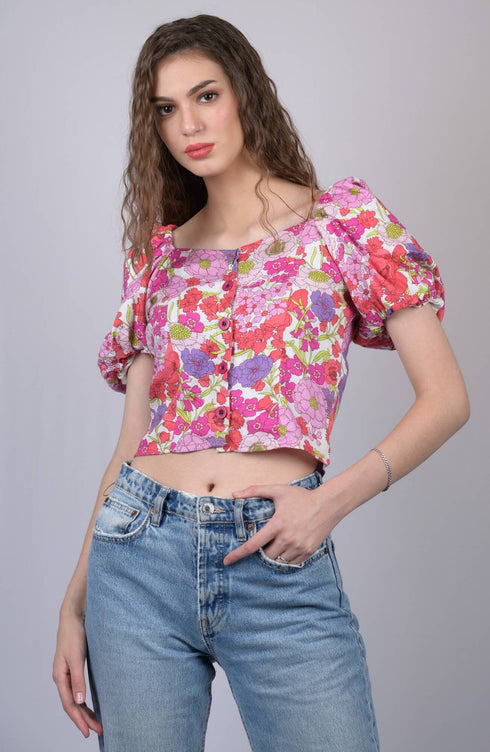 Pink Multicolor Floral Print V-Neck Puff Sleeve Top (OTL-TPS1006)