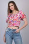 Pink Multicolor Floral Print V-Neck Puff Sleeve Top (OTL-TPS1006)