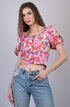 Pink Multicolor Floral Print V-Neck Puff Sleeve Top (OTL-TPS1006)