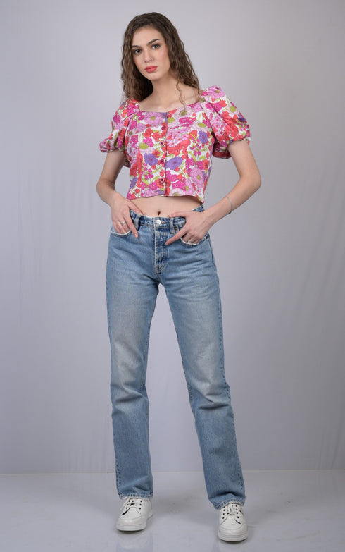 Pink Multicolor Floral Print V-Neck Puff Sleeve Top (OTL-TPS1006)