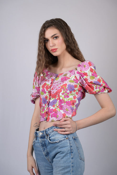 Pink Multicolor Floral Print V-Neck Puff Sleeve Top (OTL-TPS1006)