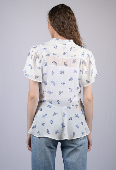 White Embellished Butterfly Print V-Neck Flutter Sleeves Peplum Top (OTL-TPS1009)