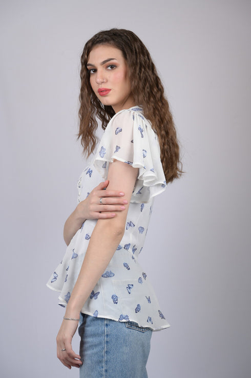 White Embellished Butterfly Print V-Neck Flutter Sleeves Peplum Top (OTL-TPS1009)