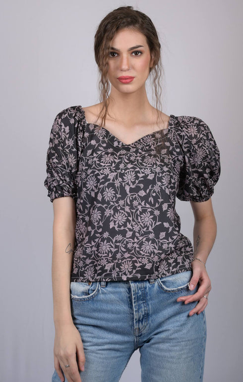 Black Floral Printed V-Neck Puff Sleeve Top (OTL-TPS1011)