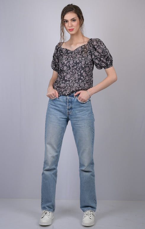 Black Floral Printed V-Neck Puff Sleeve Top (OTL-TPS1011)