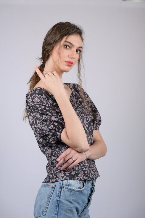 Black Floral Printed V-Neck Puff Sleeve Top (OTL-TPS1011)