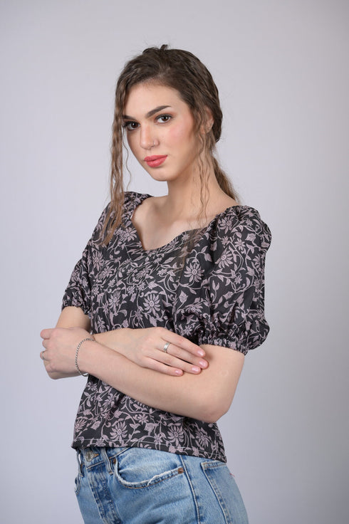Black Floral Printed V-Neck Puff Sleeve Top (OTL-TPS1011)