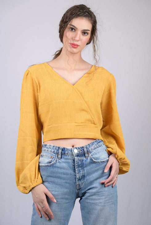 Women's Yellow Regular Sleeves Surplice Neckline Top (OTL-TPS1017)