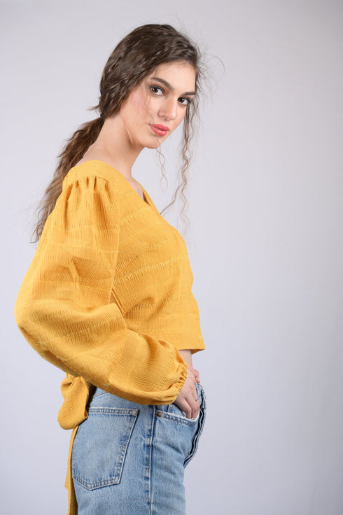 Women's Yellow Regular Sleeves Surplice Neckline Top (OTL-TPS1017)