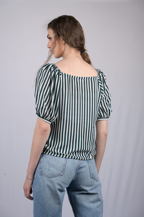 White and Green Striped Relaxed Fit V-Neckline Top (OTL-TPS1020)